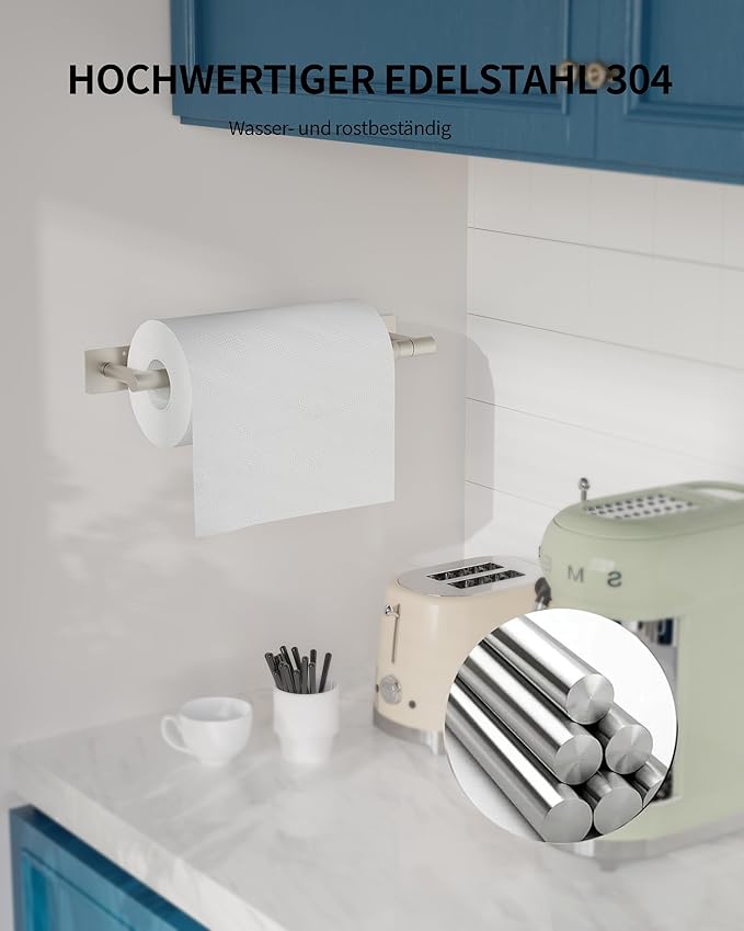 Paper Towel Holder Under Cabinet, Self Adhesive or Wall Mount Hanging Paper Towel Holder with Damping Effect, Single Hand Operable, Stainless Steel for Kitchen Bathroom (Silver)