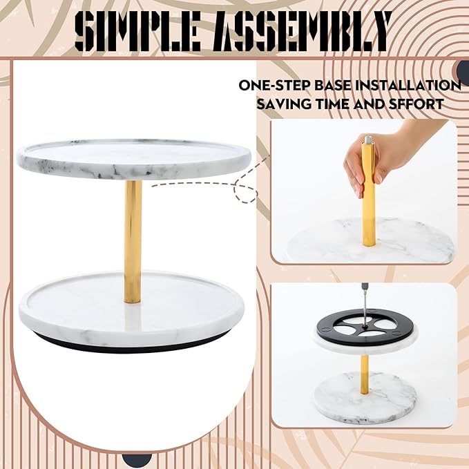 Colingmill 2-Tier Marble Lazy Susan, 10'' Circular Marble Stone Decorative Tray Organizer, Rotating Bathroom Turntable, Kitchen Spice Rack Organizer for Countertop Vanity Dresser Dining Table Pantry