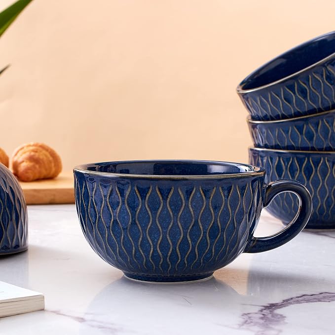 Coffeezone Set of 6 Cups Vintage Design 12 oz Professional Barista Ceramic Latte Art Cappuccino Cups Set (Embossed Blue * 6)