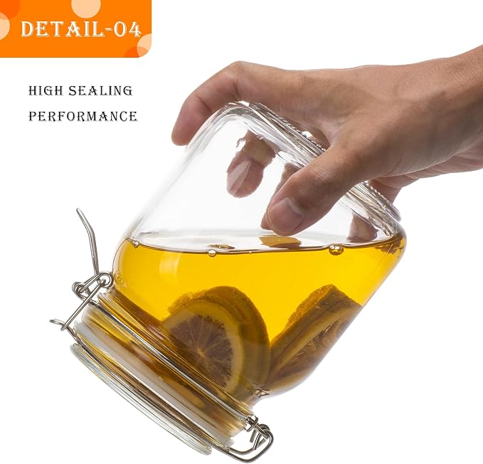 34oz Square Glass Food Storage Jars with Airtight Clamp Lids, 3 Pack Large Kitchen Canisters for Flour, Cereal, Coffee, Pasta and Canning, Mason Jar (Clear 34oz Square - 3 sets)