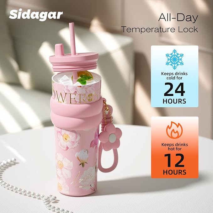 24 oz Stainless Steel Tumbler with Lid and Straw, Insulated Coffee Mug, Leak Proof, Portable Iced Travel Water Bottle, Reusable Thermal Coffee Cup, Floral Pink