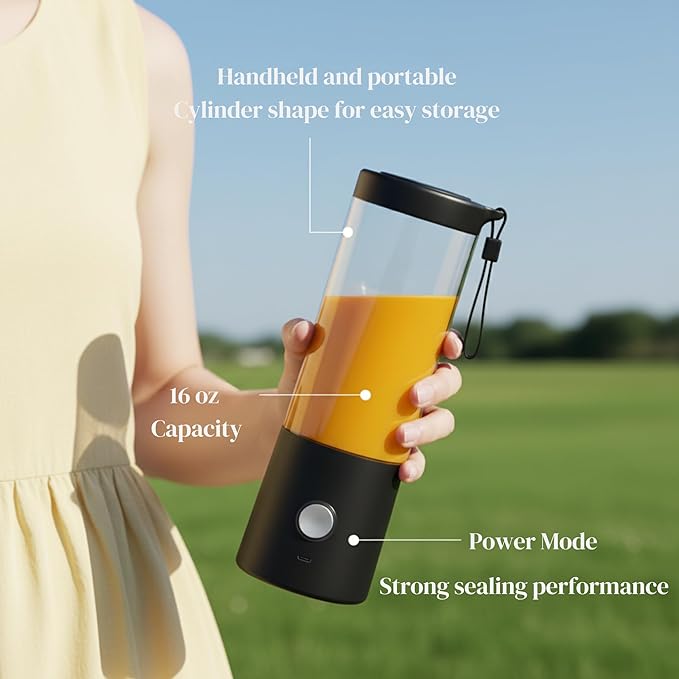 Portable Blender for Smoothies - 16oz Personal Mini Blender, USB-C Rechargeable and Self-Cleaning, Black