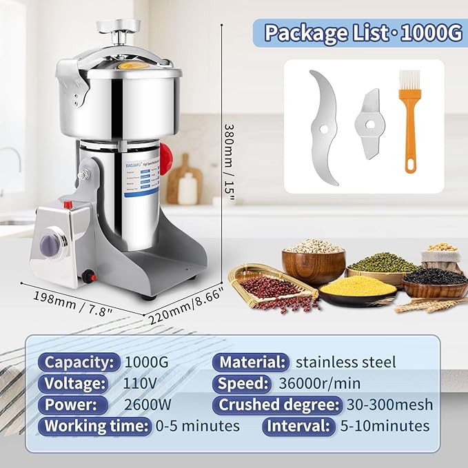 Electric Grain Mill 2600W Superfine Powder Grinder Dry Grinder Machine 36000r/min High-speed Grain Mill 270° swingable Dry Material Grinding Machine Stainless Steel Pulverizer 1000g