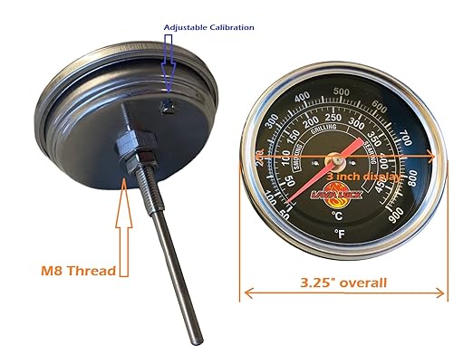 Black Face BBQ Grill Thermometer 50F-900F High Temp Range Heavy Duty Premium Quality Smoker Thermo 2 Inch or 3" with M8 or 1/2 NPT Thread (3 in. Face, 3 in Stem, M8 Thread)