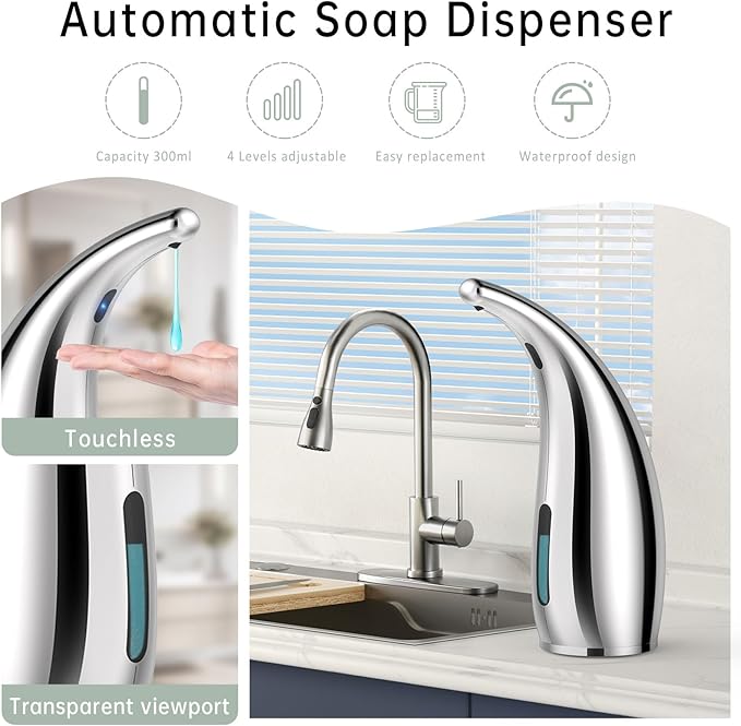 Automatic Liquid Soap Dispenser,300ML Touchless 4 Gear Adjustable,Countertop Electric Battery Operated White Hand Soap Dispenser with Sensor for Bathroom,Kitchen,Office