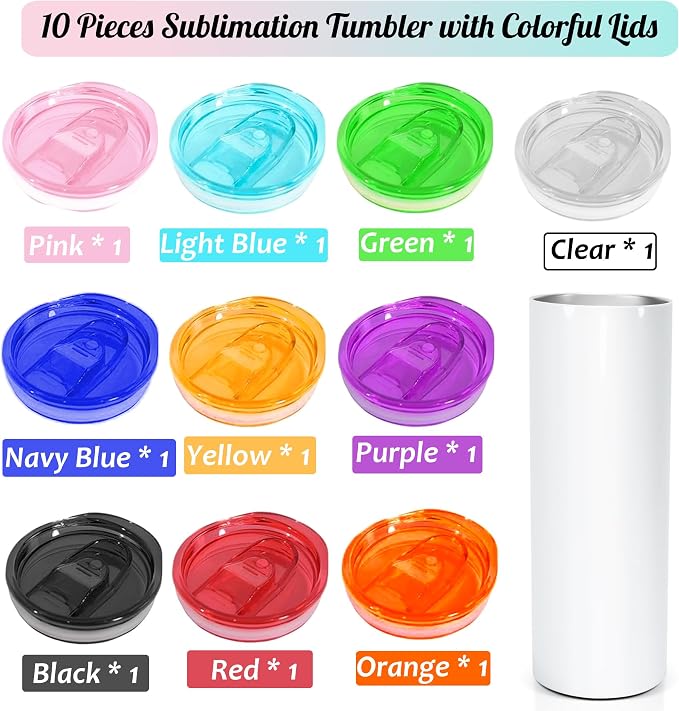 AGH 10 Pack Sublimation Tumblers Blank with Colorful Lids and Metal Straw, 20 OZ Straight Skinny Tumbler with Straw, Stainless Steel Double Wall Insulated Cups for Tumbler Press Machine