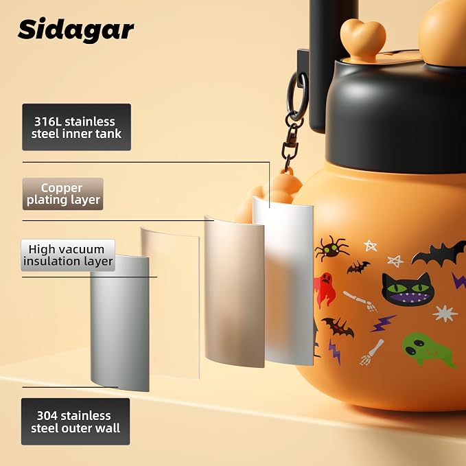 22 oz Tote Water Bottle with Straw and Carry Handle, Wide Mouth Vacuum Insulated Stainless Steel Tumbler, Travel Coffee Cup for Women Easy Carry, Halloween