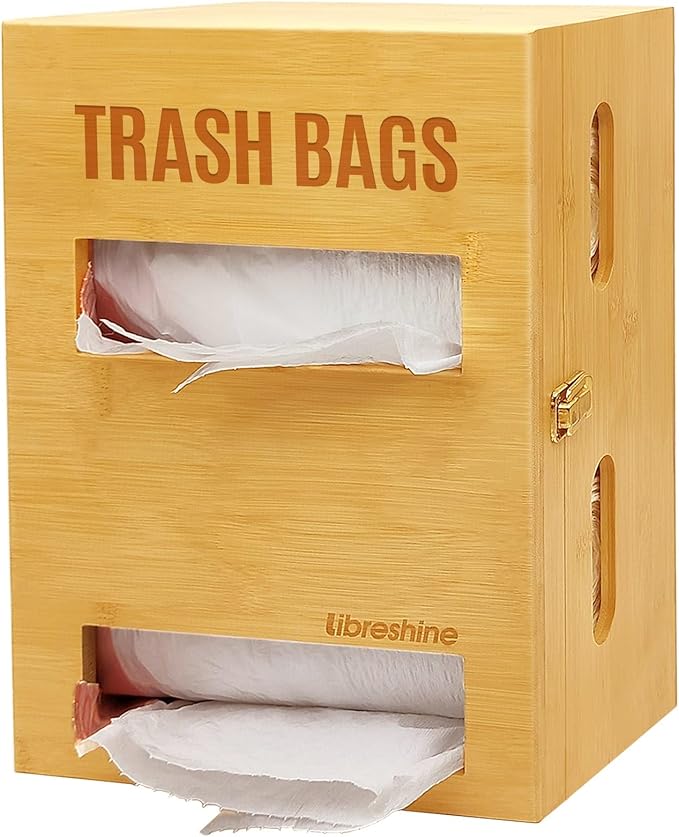 Libreshine 2-in-1 Extra Large Bamboo Trash Bag Dispenser Holder - Wall Mount Garbage Bag Organizer for Costco/Sam's Club Rolls, Space-Saving Kitchen/Pantry/Laundry/Garage Storage with Non-Slip Base