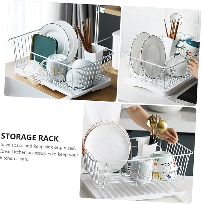 PRETYZOOM Dish Drying Rack Multi-Functional Kitchen Drainer Basket Premium Over Sink Drying for Easy Water Drainage and Stylish Organization White Iron Design