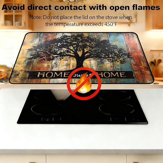 Stove Top Cover for Electric Stove, Vintage Farmhouse Style Glass Cooktop Protector, Multi-functional Kitchen Counter & Washer Top Cover