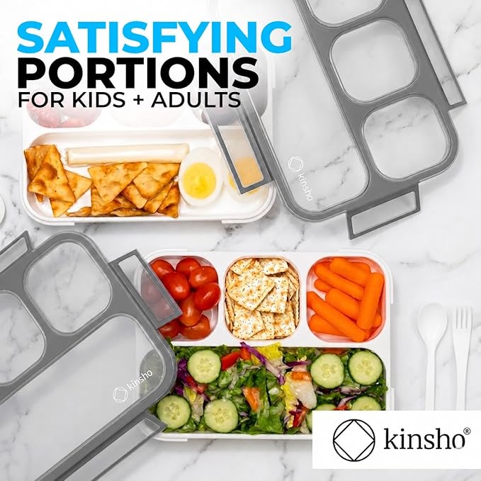 kinsho Bento Lunch Box Container for Kids Adults, Portion Control Meal Prep and Snack Containers, Japanese Style Boxes with 4 Compartments for Boys Teens, School Work and Travel BPA Free | Gray
