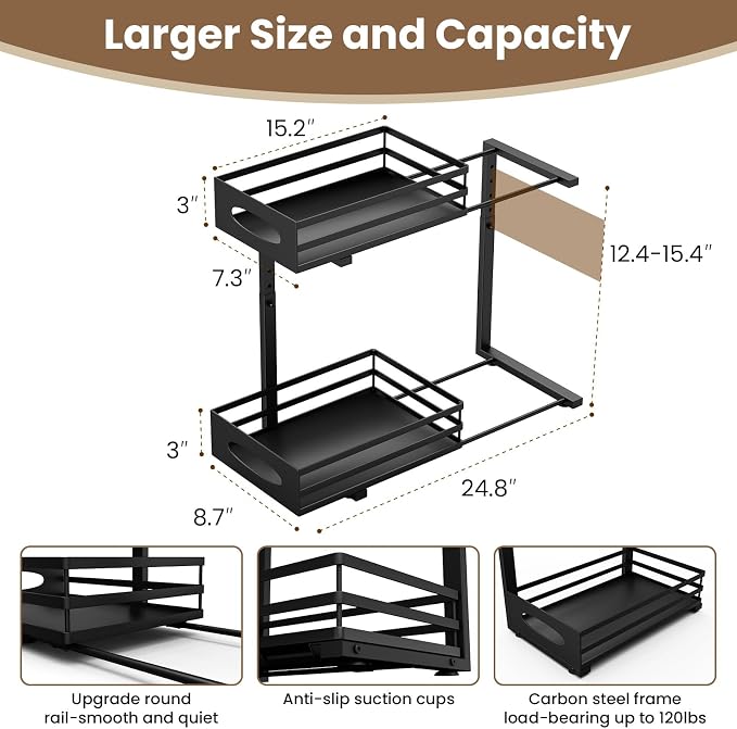 Under Sink Organizer, Slide Sink Steel Shelf Cabinet Storage Shelves, Height Adjustable Under Sink Organizers and Storage, 2 Tier Pull Out Drawer Cabinet Organizer for Kitchen Bathroom