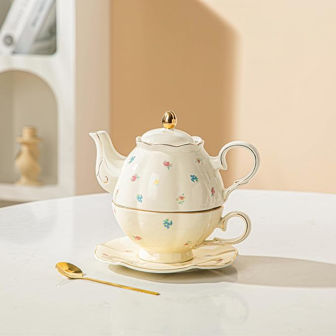 Domini Teapot cup combo,Teapot and Teacup for One,Tea Cup and Saucer Set-Tea Pot Set Gift for Women(Flower)