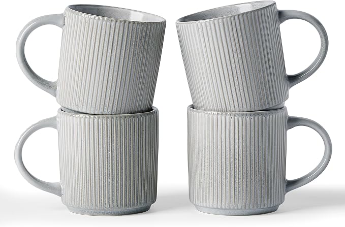 famiware Coffee Mug Set for 4, Star 12 oz Catering Mugs Cup Set with Handle for Coffee, Tea, Cocoa, Milk - Ceramic Stoneware Drinkware Set, Matte Grey