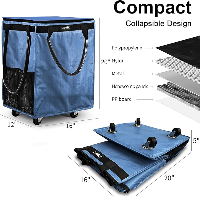 (Medium,Blue) Reusable Grocery Bag on Wheels, 70L Foldable Rolling Tote, Carries Up to 66 lbs Shopping Trolley, Zipper Clouser Shopping Carts for Trips, Laundry, 4 Heavy Duty Wheels and 3 Handles