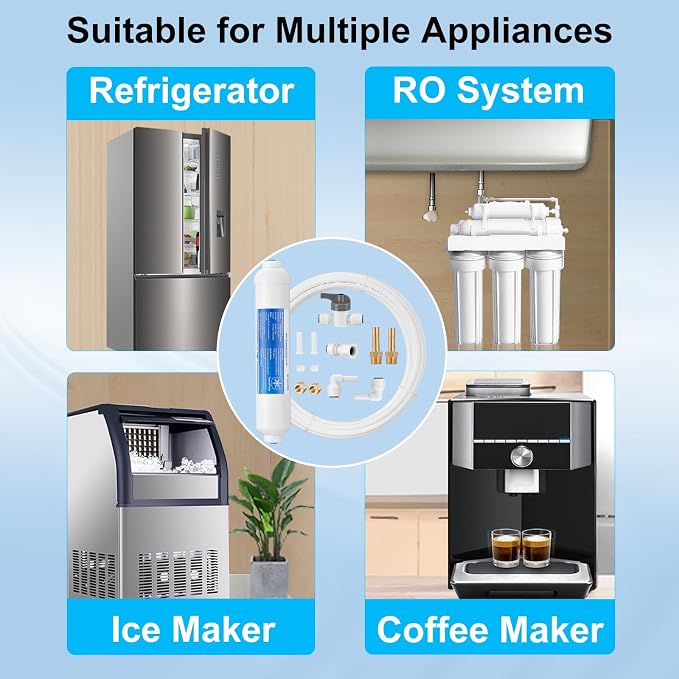 Inline Water Filter for Ice Maker and Refrigerator,Include 1/4" Water Line and Push to Connect Fittings + 30FT 1/4 Inch O.D.RO Water Tubing,NSF Certified Pipe for RO(Reverse Osmosis) Water Purifier Fi