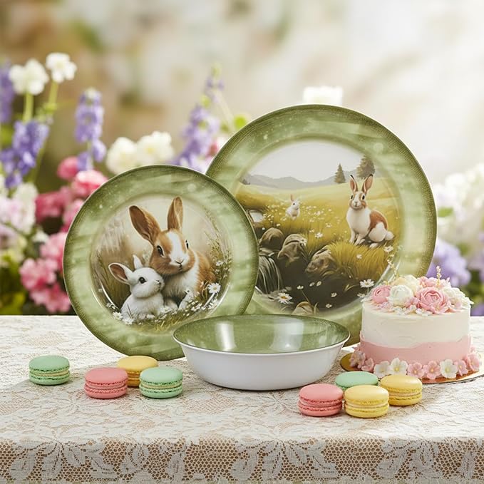 12-Piece Green Bunny Melamine Dinnerware Set，Garden Parties & Everyday Use | Lightweight Melamine Plate & Bowl Set for 4,Shatterproof Dishes Perfect for Family Gatherings & Stylish Dining Room Settings