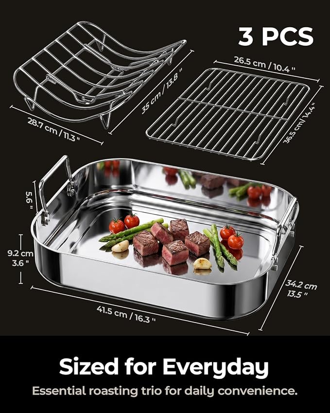 Stainless Steel Roasting Pan with Rack, Heavy-Duty Turkey Roasting Pan for Oven, Includes Two Bakinng Rack Insert, Perfect for Holiday Turkey & Everyday Meal Prep, Fits Up to 24 lbs Turkey