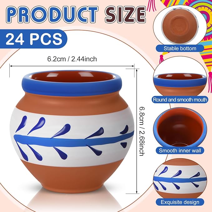 Gejoy 12 Pcs 3oz Cantaritos De Barro Shot Mini Clay Cups Jarritos De Barro Mexicanos Taco Cocktail Glasses for Tequila, Margaritas, Mojitos, Mojitos Cold Hot Drinks (Elegant)