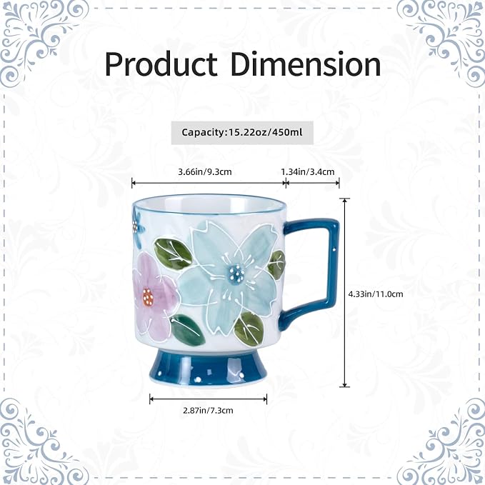KAMMAK Ceramic Blue Coffee Mug, 15oz Large Mugs Set of 2, Novelty Cup for Tea, Juice, Milk, Cute Porcelain Water Cups with Handle for Women, Dishwasher and Microwave Safe