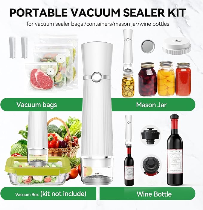 Vacuum Sealer for Food (Compact Vacuum Sealer Machine + 30 Reusable Vacuum Bags+ 30 Mason Jar Lids), Powerful Handheld Food Sealer, Seal Meal Saver