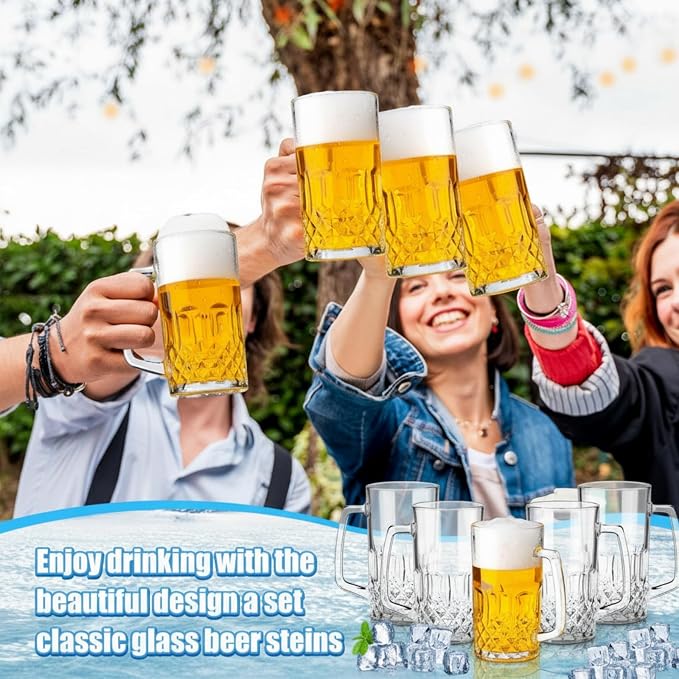 Reallnaive 20 Pack 18 oz Beer Mugs for Oktoberfest Freezer Glass Beer with Handles Mugs Steins German Large Heavy Cups for Men Drinking Gifts (Diamond Style)