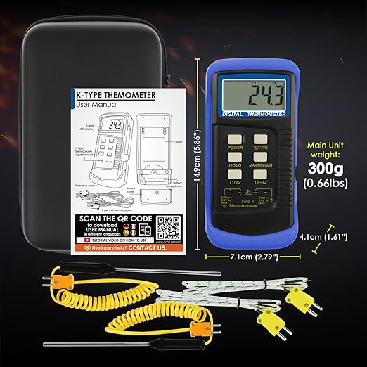 DANOPLUS Digital K Type Thermometer with 4 Thermocouples, Dual Channels Thermocouple Tester with MAX/MIN/AVG Temperature Measurement (-501300C)