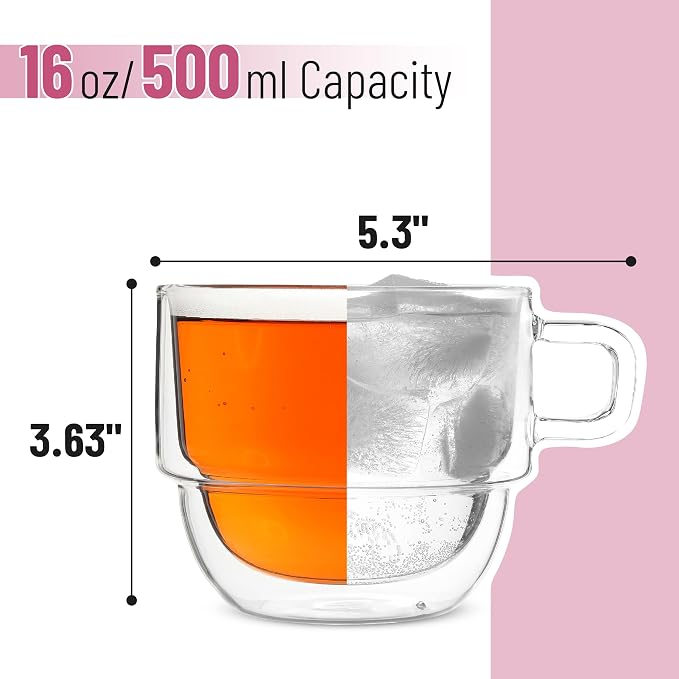 BTaT- Double Walled Stackable Glass Coffee Mugs, 16 oz, Set of 4, Glass Coffee Cups with Handle, Insulated Clear Coffee Mug for Hot and Cold Beverages, Cappuccino, Latte, Tea, Americano