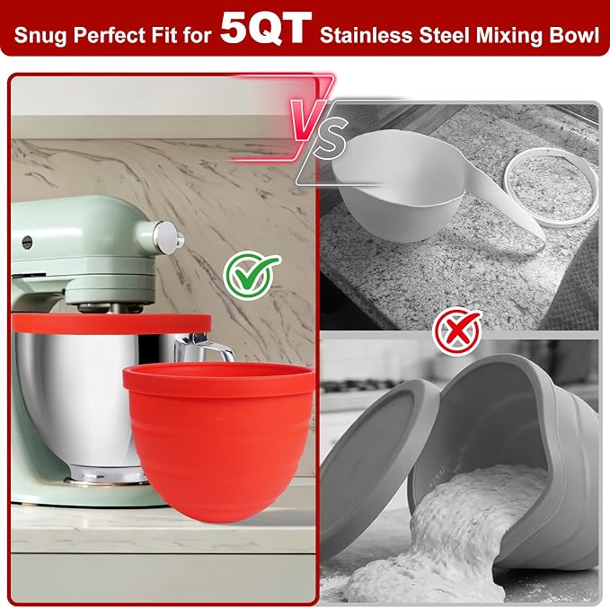 Silicone Bowl Liners Compatible with KitchenAid 4.5 & 5 Qt Tilt-Head Stand Mixer, 2 Pack Bowl Inserts with Lids, Food-Grade BPA-Free Nonstick Reusable Mixer Bowl Liners