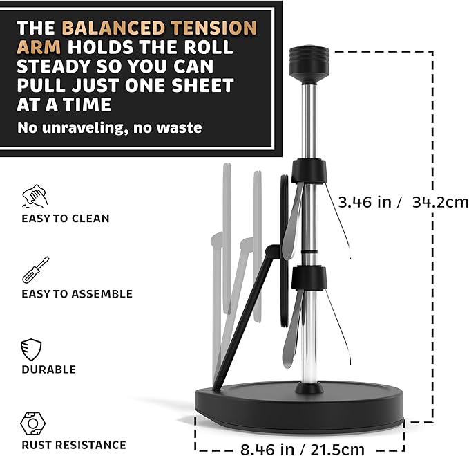 Stainless Steel Tension Arm Paper Towel Holder - Easy One-Handed Operation - This Sturdy Weighted Paper Towel Dispenser Countertop Model Has Suction Cups and Holds All Paper Towel Rolls (Black)
