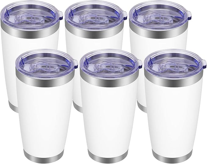 VEGOND 20oz Tumbler with Lid and Straw Stainless Steel Tumbler Cup Bulk Vacuum Insulated Double Wall Travel Coffee Mug Powder Coated Coffee Cup, White, 6 Pack