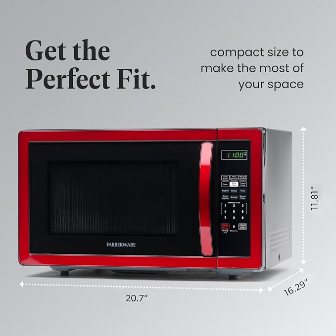 Farberware 1.1 Cu. Ft. Countertop Microwave Oven – 1000 Watts Power, Auto Cook Settings, Defrost, Easy Clean and Child Safety Lock - Metallic Red