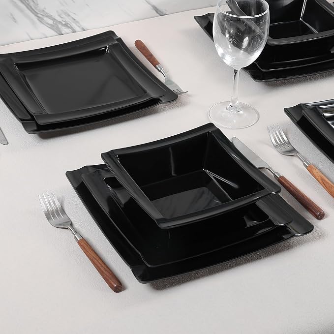 Square Melamine Dinnerware Sets of 12 Pcs,Square Plates and Bowls Sets,Unbreakable Dish Set for 4,Lightweight, Dishwasher Safe and BPA Free,Suit for RV,Camping（Black）