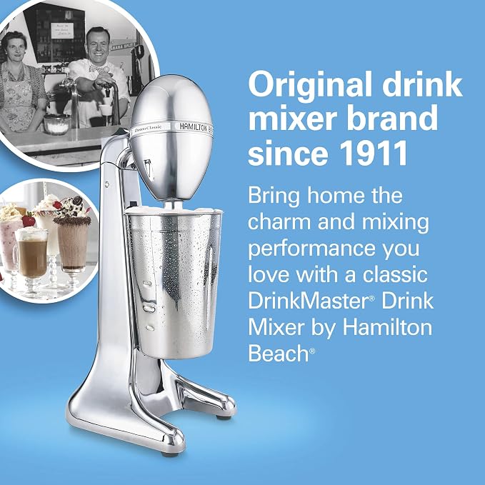 Hamilton Beach DrinkMaster Electric Drink Mixer, Retro Milkshake Maker & Milk Frother, 2 Speeds, Extra-Large 28 oz. Stainless Steel Cup, Classic Chrome (Pack of 2)