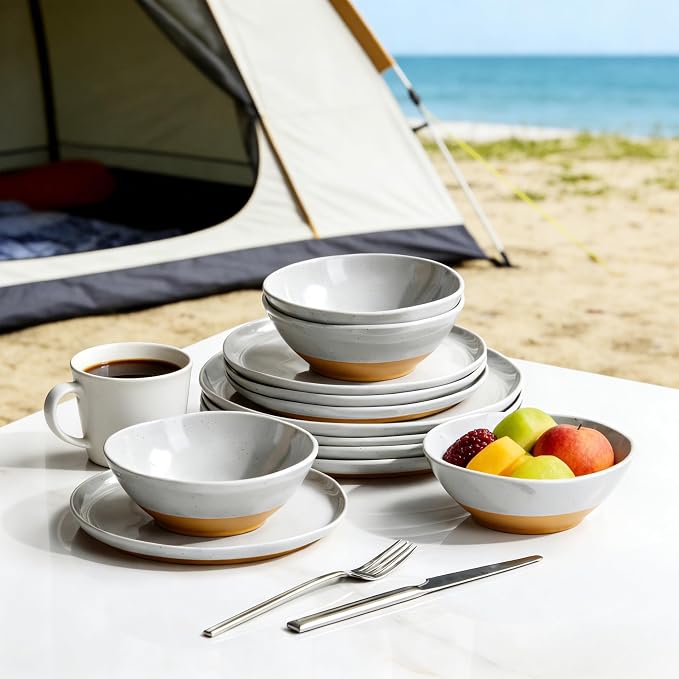 12-Piece Melamine Dinnerware Set for 4, Unbreakable Plates and Bowls, Dinner Dishes Set for Patio, RV and Camping, Dishwasher Safe