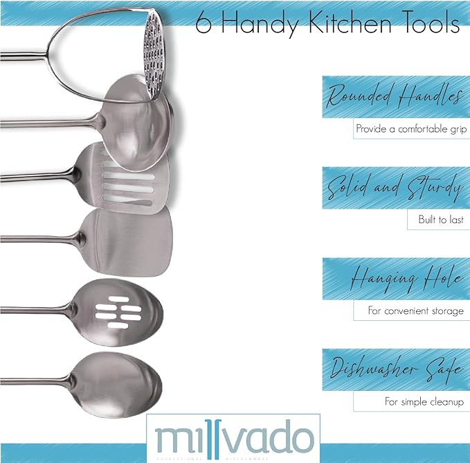 Millvado Stainless Steel Kitchen Utensil Set, Cooking Utensils, Set of 6 Kitchen Tools, Solid Spoon, Slotted Spoon, Solid Turner, Slotted Turner, Soup Ladle, Potato Masher, Dishwasher Safe