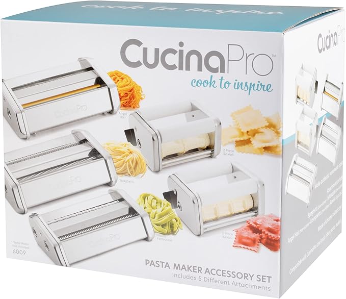 Ultimate Pasta Machine Attachment Set- Includes 5 Different Cutters for Homemade Spaghetti, Fettucini, Ravioli, Angel Hair- Durable & Compatible w CucinaPro & other Makers- Pasta Cooking Made Easy
