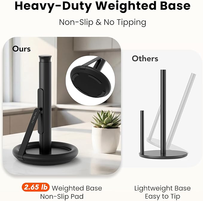Ultrean Paper Towel Holder with Spray Bottle, Countertop Freestanding Paper Towel Dispenser with Spring-Loaded Tension Arm for One-Handed Tear, Weighted Base, Stainless Steel for Kitchen, Black