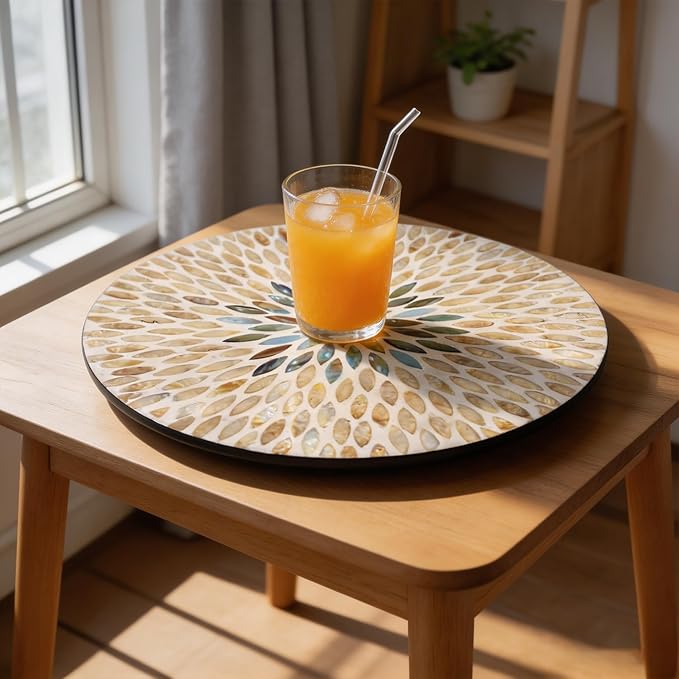 13.4" Mother of Pearl Lazy Susan, Table Centerpiece Round Shell Decorative Lazy Susan Turntable Rotating Tray Organizer for Cabinet Counter Gift Kitchen Office Cafe Home Decor (Beige Blue)
