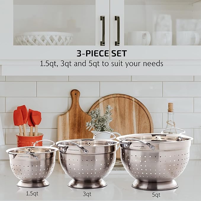 OVENTE Premium Stainless Steel Colander Set of 3 with Comfortable Large Handles, 1.5, 3, 5 Quarts Essential Kitchen Strainer for Draining Spaghetti Pasta, Rinsing Vegetables or Fruits, Silver C46263S