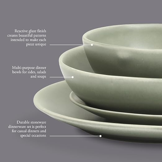 Gibson Elite Zion Mist 16 Piece Stoneware Reactive Glaze (Service for 4) Ceramic Plates and Bowls Modern Organic Dinnerware Set - Green