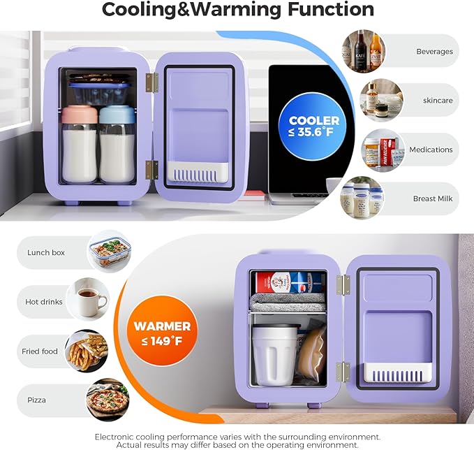OSTBA Mini Fridge, 4 Liter/6 Can Mini Makeup Fridge, 110V AC/ 12V DC Portable Thermoelectric Cooler&Warmer for Skincare, Drink, Cosmetic, Medicine, Small fridge for Bedroom, Office, Dorm, Car, Purple