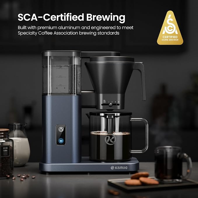 Kismile SCA-Certified 8 Cup Drip Coffee Maker, Pour Over Coffee Machine with 3s Instant Heat 197–205℉, Adjustable Flow Control, Removable Water Tank, Deep Cold Brew & 40 Min Keep Warm (Blue)