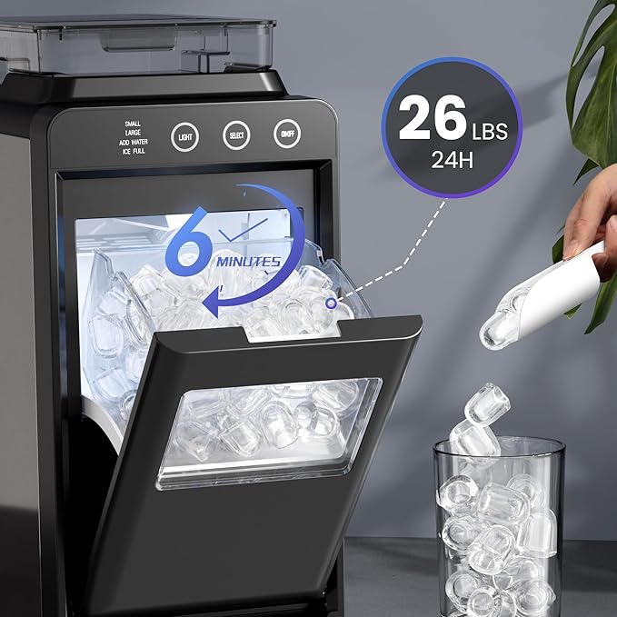 Electactic Ice Makers Countertop,26Lbs/24H,8Pcs in 6Mins,Portable Ice Maker Machine with 1.2L Top Water Tank,Interior Lighting,2 Sizes of Bullet Ice for Home/Office/Party(Black)