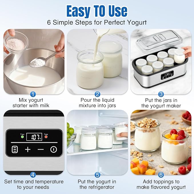 Yogurt Maker with Temperature Control, Yogurt Maker Machine with Auto-off, Make Healthy Yogurt with Full Probiotics, 8×6oz Glass Jars