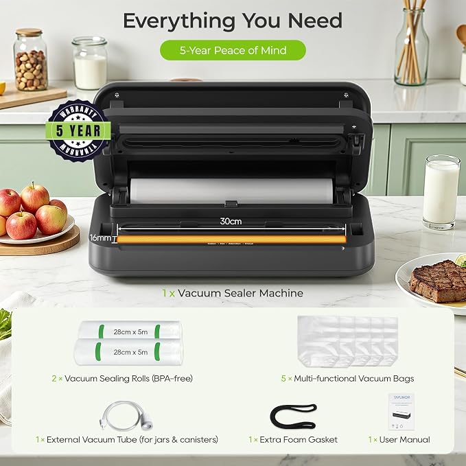 Vacuum Sealer, 90Kpa Food Vacuum Sealer Machine Built-in Cutter & Bag Storage, Food Preservation Dry/Moist/Liquid Mode, Sauces and More, Handle Locked Design Includes 2Roll + 5 Bags