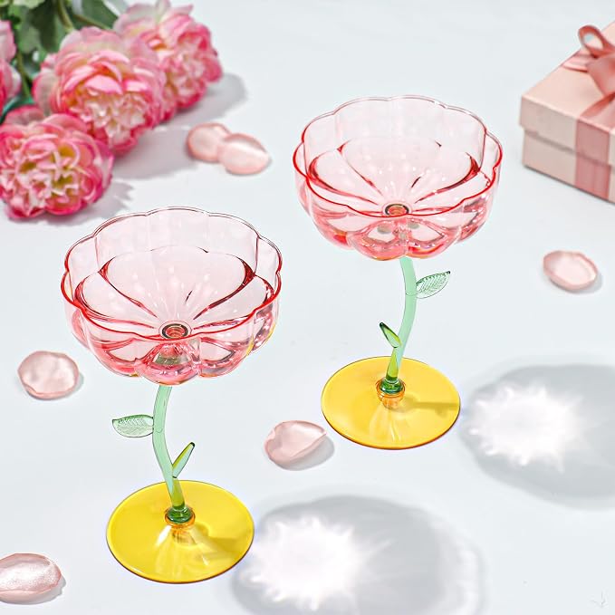 48 Pcs Pink Plastic Ribbed Coupe Glasses Detachable 7oz Flower Cocktail Glasses Modern Wavy Plastic Cocktail Coupes Disposable Martini Glasses Mimosa Glassware champagne goblets (48, PInk)