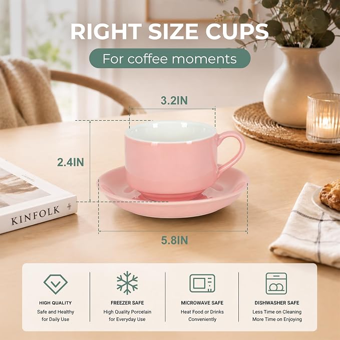 8 Ounce Cappuccino Cups Set of 4, Stackable Cappuccino Mugs, Includes Display Stand, Cups Saucers, and Spoons, for Machines & Home Use, Pink, Silver Tone