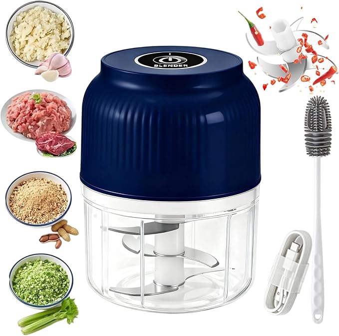 Electric Garlic Chopper, 320ML Mini Portable Veggie Chopper with 6 Sharp Blades, Rechargeable Electric Food Chopper Tool, Wireless Veggie Grinder, for Onions Ginger Chili Nuts Meat (Blue*1)