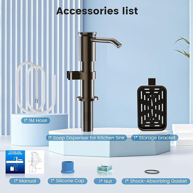 Soap Dispenser for Kitchen Sink, Built in Sink Soap Dispenser with Sponge Rack, Countertop Soap Dispenser Pump with Extension Tube kit, No More Refills,All Metal NO ABS (Grey)